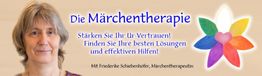 Eine Frau vor dem Banner "Die Märchentherapie" mit einem bunten Blumenherz.