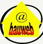 Gelbes Haus-Logo mit "@bauweb" in roten Buchstaben, umgeben von einem schwarzen Kreis.