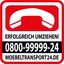 Grafik mit Telefonhörer und Text: "Erfolgreich umziehen! 0800-99999-24, moebeltransport24.de".