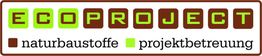 Logo mit Schriftzug "Ecoproject" in Grün und Braun, darunter "Naturbaustoffe" und "Projektbetreuung".