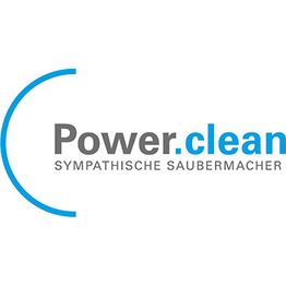 "Logo mit Text: Power.clean, Sympathische Saubermacher, halbkreisförmiges blaues Element links."