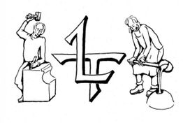 Schmied und Arbeiter bearbeiten Metall neben einem stilisierten Kreuz-ähnlichen Symbol.