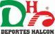 Logotipo de Deportes Halcón en letras verdes y rojas con diseño de halcón estilizado.