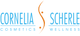 Logo mit Text: "Cornelia Scherle Cosmetics Wellness", blau, mit orangenem S-förmigem Symbol.