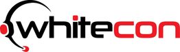 Logo mit Text "whitecon", bei dem "white" schwarz und "con" rot ist, mit stilisiertem Mikrofon.