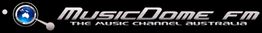 Logo von MusicDome FM, mit Slogan "The Music Channel Australia" und Weltkugel-Symbol.