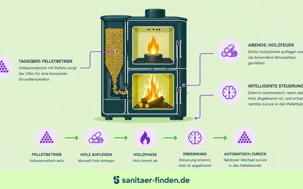 Grafik zur Funktion eines hybriden Pelletofens.