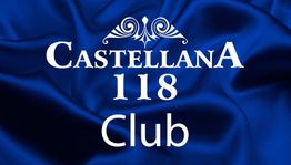 Texto blanco "Castellana 118 Club" sobre fondo azul oscuro con diseño ornamental.