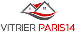 Logo de "VITRIER PARIS 14" avec deux toits stylisés en rouge et gris.