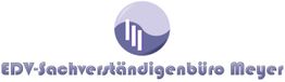 Logo des "EDV-Sachverständigenbüro Meyer" mit einem Abstrakten Symbol in Lila.