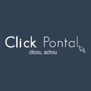 Logo com fundo azul escuro, texto "Click Pontal. clicou, achou", com ícone de cursor.