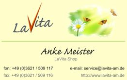 Visitenkarte von LaVita mit Blume, Schmetterlingen und Kontaktdaten von Anke Meister.