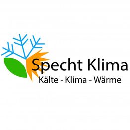 Logo mit Schneeflocke, Blatt und Sonne. Text: "Specht Klima - Kälte - Klima - Wärme".