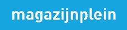 Wit logo "magazijnplein" op een blauwe achtergrond.