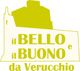 Sagoma gialla di Verucchio con scritta "Il bello e il buono da Verucchio" in giallo e verde.