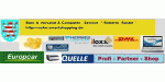 Logos von Versand- und Computerunternehmen wie DHL, Quelle und Europar mit Wappen im Hintergrund.