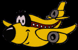 Ein fröhliches, gelbes Cartoon-Flugzeug mit einem Gesicht, das seitlich fliegt.