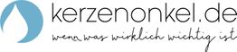 Blaues Tropfensymbol links, Text: "kerzenonkel.de - wenn was wirklich wichtig ist" rechts.