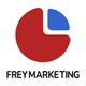 Rotes und blaues Kreisdiagramm-Logo mit Text: "FREYMARKETING".