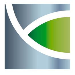 Abstraktes Logo mit silbernem Bogen und grünem Akzent in einem quadratischen Design.