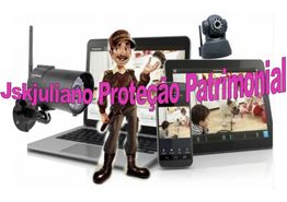 Imagem de tecnologia de segurança com texto: "Jskjuliano Proteção Patrimonial".