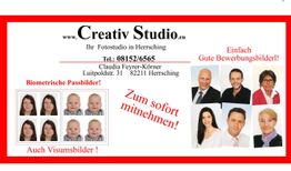 Fotostudio-Werbung mit Porträtbeispielen für Bewerbungs- und Passbilder. Kontaktinformationen enthalten.