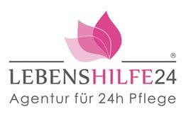 Logo der Firma "Lebenshilfe24" mit rosa Blütenmotiv und Text "Agentur für 24h Pflege".