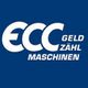 Logo von ECC Geldzählmaschinen in Weiß auf blauem Hintergrund.