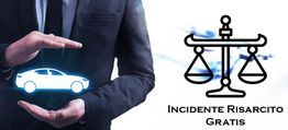 Abito nero con auto stilizzata e bilancia della giustizia. Testo: "Incidente risarcito gratis".