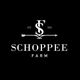 Black logo with "Schoppee Farm" and an arrow, established in 1823, featuring a stylized "S".