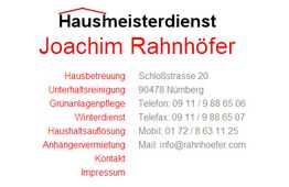 Visitenkarte "Hausmeisterdienst Joachim Rahnhöfer" mit Kontaktdaten und Dienstleistungen.