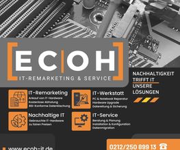 Grafik von ECOH IT-Remarketing & Service mit Schaltkreisen und Kontaktinformationen.