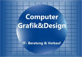 Blauer Kreis auf kariertem Hintergrund mit Text: "Computer Grafik&Design IT-Beratung & Verkauf".