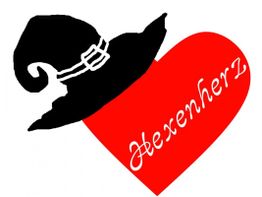 Schwarzer Hexenhut auf rotem Herz mit dem Schriftzug "Hexenherz".