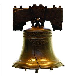 Cracked bronze bell with an iconic appearance and mounting above.