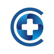 Logotipo com um C azul envolvendo um círculo azul com uma cruz branca no centro.