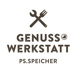 Logo der Genusswerkstatt mit Gabel und Schraubenschlüssel, Text: PS.SPEICHER.