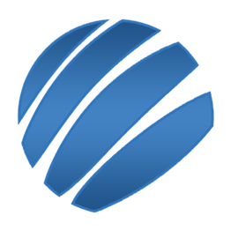 Ein blaues, stilisiertes Globussymbol mit drei geschwungenen Bändern vor weißem Hintergrund.