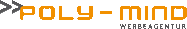 Logo mit Pfeilen und Schriftzug: "POLY-MIND Werbeagentur" in Orange und Grau.