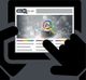 Hands interact with a digital SEO expert screen, featuring colorful magnifying glass graphics.