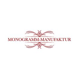 Logo der Monogramm-Manufaktur, verziert mit roten Ornamenten oben und unten.
