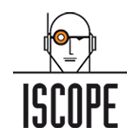 Abstraktes Logo mit Kopf und "ISCOPE"-Schriftzug, eine Brille mit einem orangefarbenen Kreis.