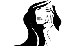 Stilisiertes Porträt einer Frau mit langen Haaren, die ihr Gesicht mit der Hand berührt.