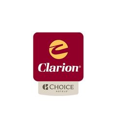 Clarion Hotels logo with red background, yellow emblem, linked to Choice Hotels.