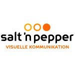 Logo mit Schriftzug "salt 'n pepper" und Text darunter "Visuelle Kommunikation", orange Kreise oben.