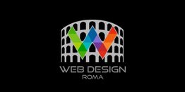 Logo Web Design Roma con Colosseo stilizzato e lettere colorate su sfondo nero.