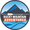 Logo with mountains, an oar, and the text "Rocky Mountain Adventures" over blue waves.