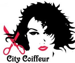 Schwarz-weiße Grafik eines Gesichts mit rosa Schere und Text "City Coiffeur".