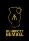 Schwarzer Hintergrund, gelber Krug mit Förderturm, Schrift: "RUHRPOTT BEMBEL".