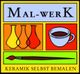 Grafik mit Vasen, Tasse, Pinsel und dem Text "Mal-werK, Keramik selbst bemalen".